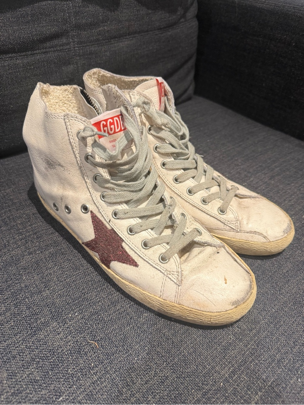 Golden Goose High-Top Sneakers with Burgundy Star on White